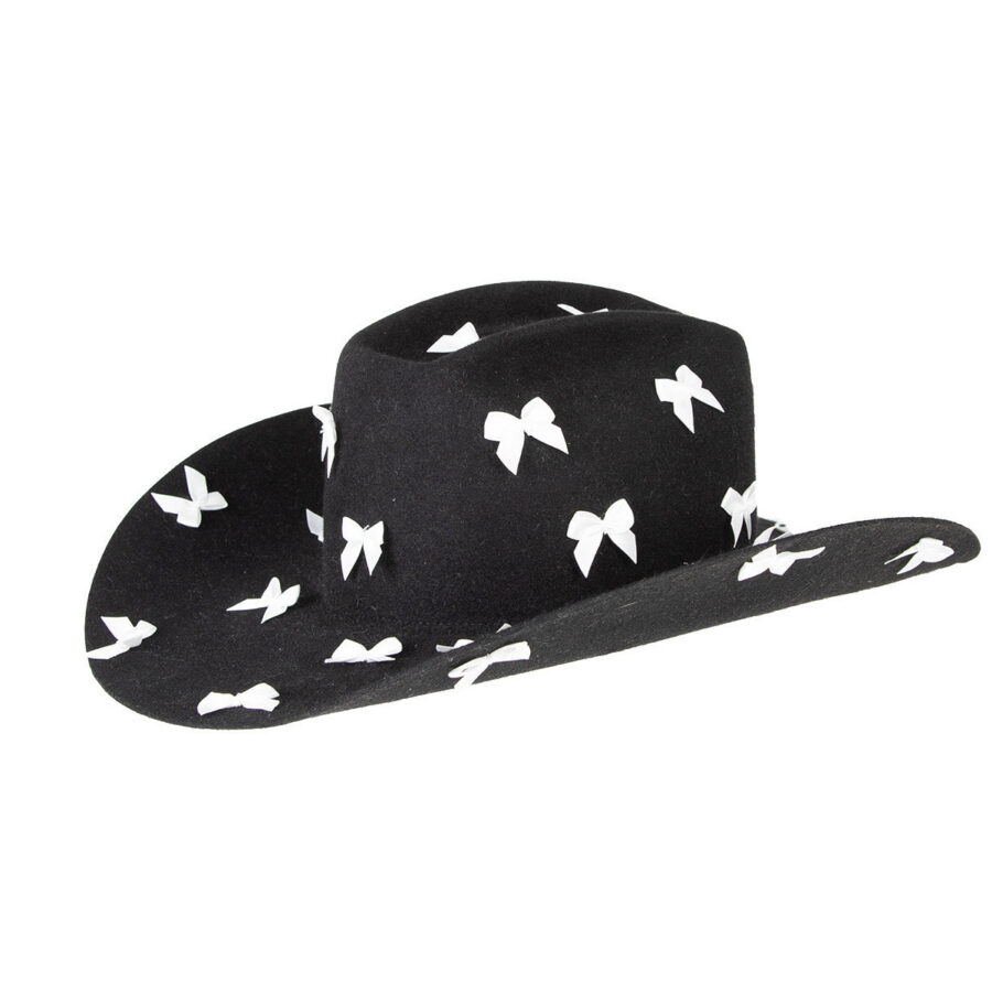 Textured Black Velour Felt Bow Detail Western Cowboy Hat