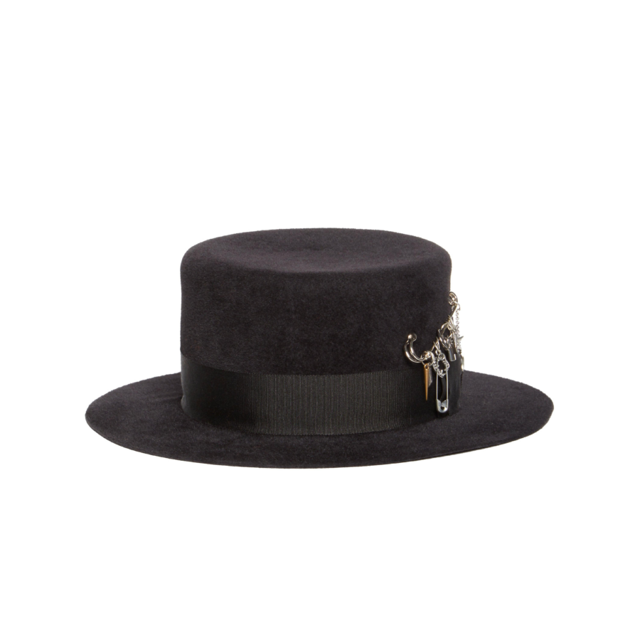 Modern Black Velour Felt Chain Trim Wide Brim Fedora