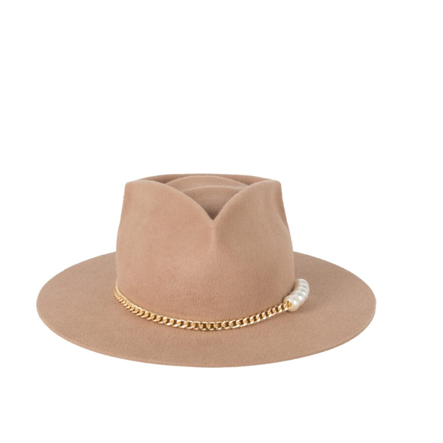 Contemporary Camel Velour Felt Chain Trim Bucket Hat