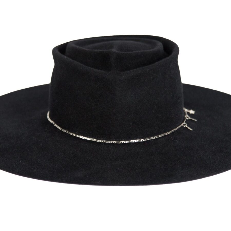 Structured Black Velour Felt Chain Trim Wide Brim Fedora
