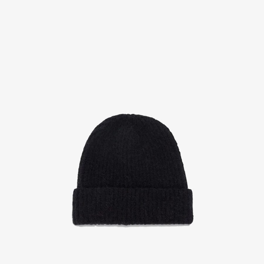 Black Wool Felt Ribbed Winter Beanie Hat