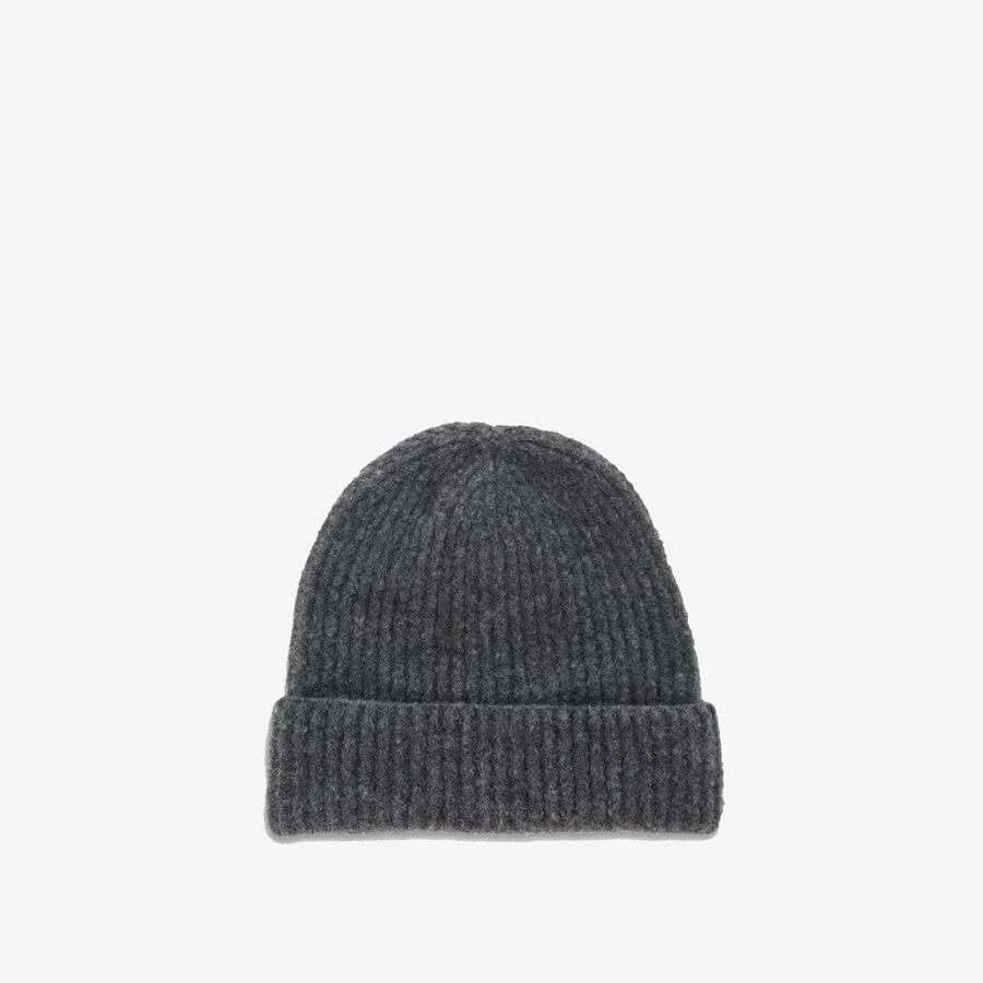 Dark Grey Wool Felt Ribbed Winter Beanie Hat