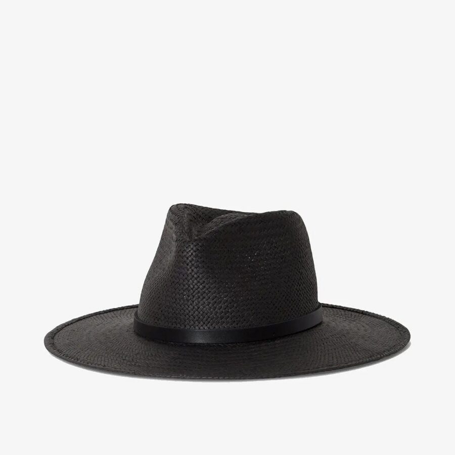 Black Textured Woven Structured Wide Brim Hat