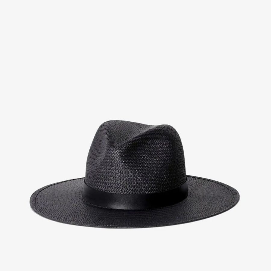 Black Woven Straw Structured Wide Brim Hat